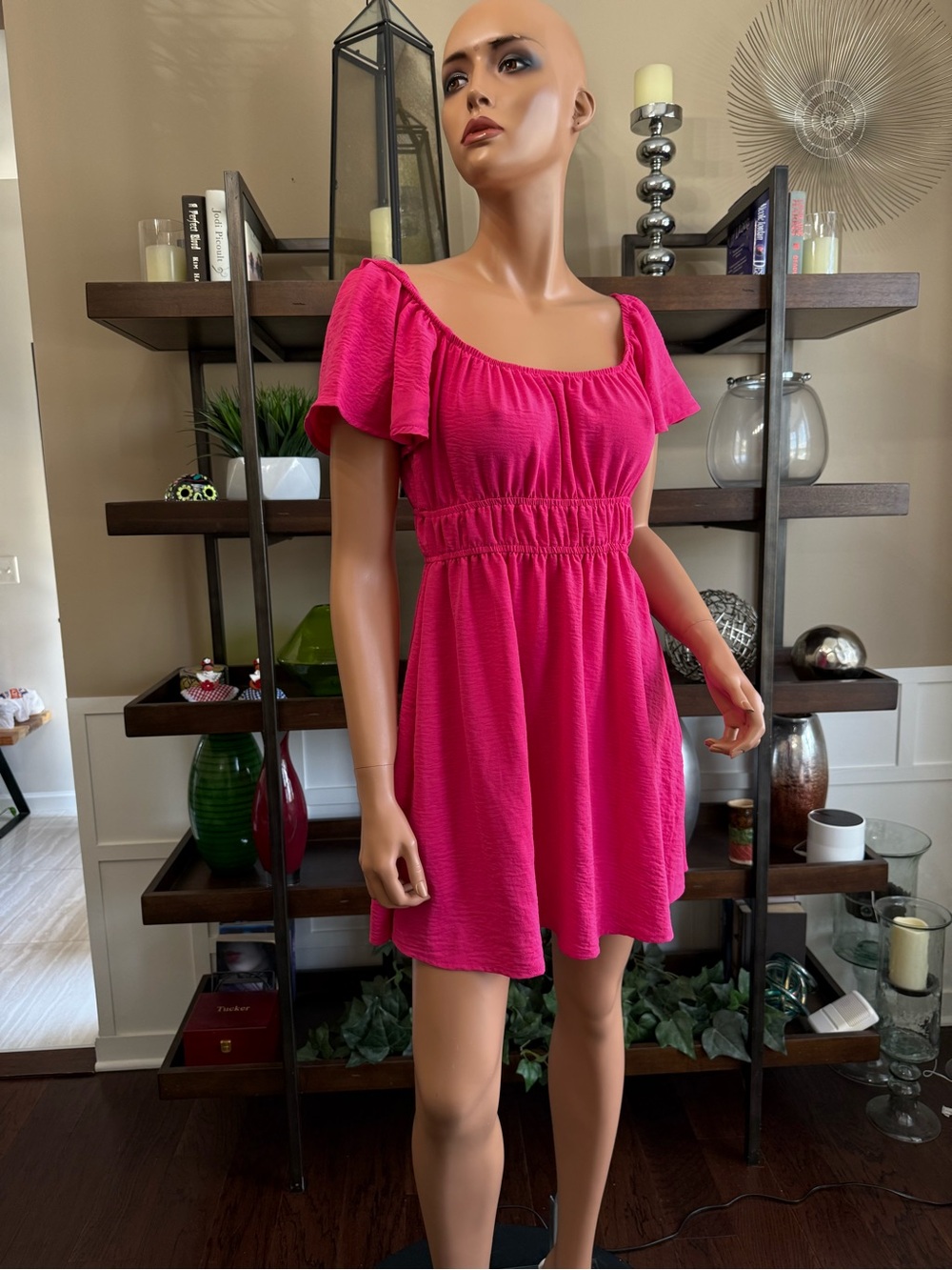 Fuchsia dk pink small Mini Dress with Short Flutter Sleeves on or off shoulder